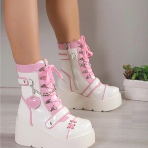 Platform Goth pink and white mid boots for women